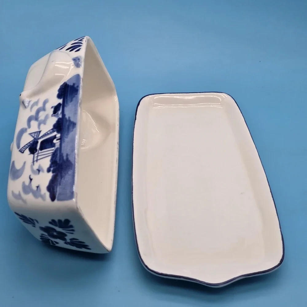 Hand Painted Delfts Blue Butter Dish Ducks Windmill Floral